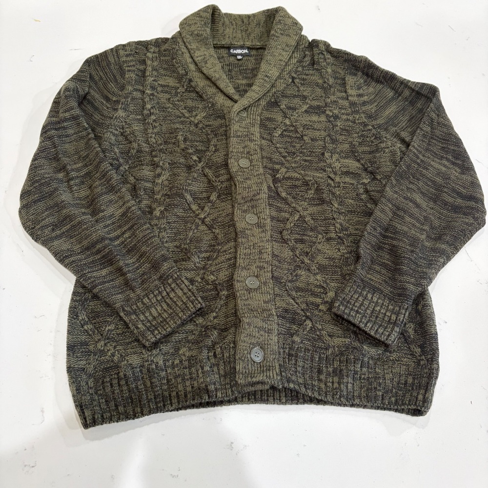 Carbon Men Shawl Collar Cardigan Sweater XXL Olive Green Cable Knit Button Front